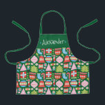 Personalized Christmas Gifts All-Over Print Apron<br><div class="desc">A stylish and modern Christmas kid's apron pattern with retro-inspired geometric illustrations of ornaments, stockings, candy canes, gifts, Christmas trees, snowflakes, bells and more. This can be personalized with a child's name, monogram or your own message. A fun & unique Christmas gift for kids. Colors include; green, red, white, blue...</div>