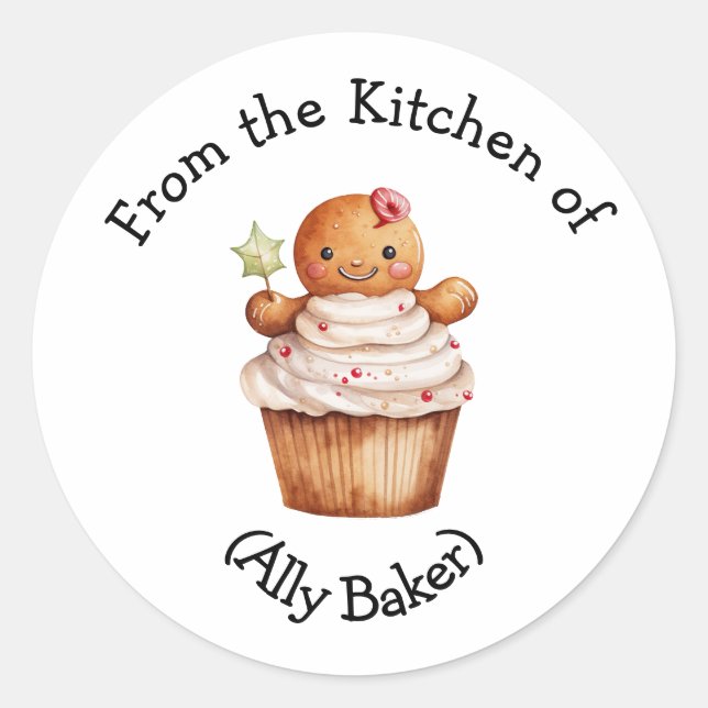 Personalized Christmas Gingerbread Cupcake Favor  Classic Round Sticker (Front)