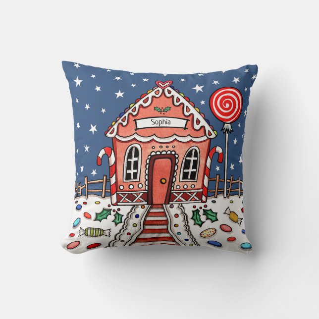 Personalized Christmas Gingerbread House Throw Throw Pillow (Front)