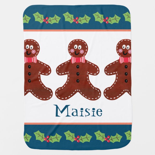 Personalized Christmas Gingerbread Man Baby Blanket (Front)