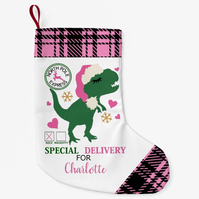 Personalized Christmas Girl Dinosaur Small Christmas Stocking (Front)