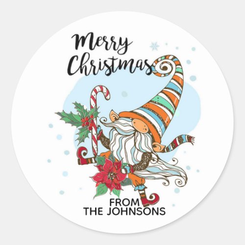 Personalized Christmas Gnome Candy Cane Classic Round Sticker