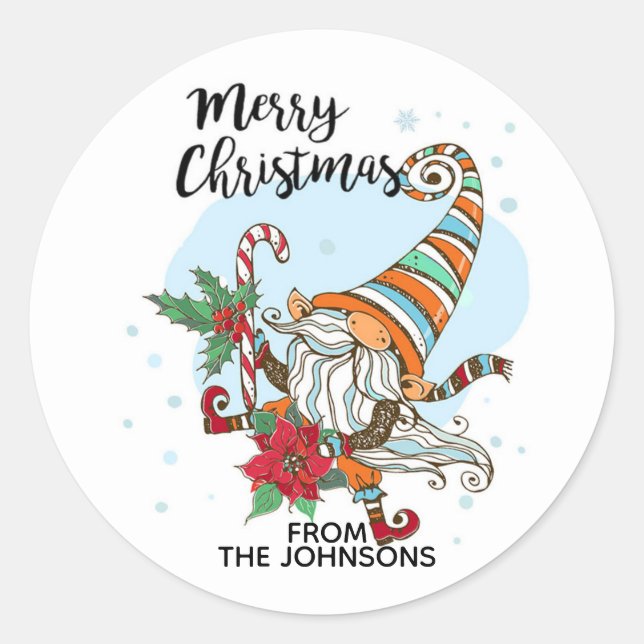 Personalized Christmas Gnome Candy Cane Classic Round Sticker (Front)