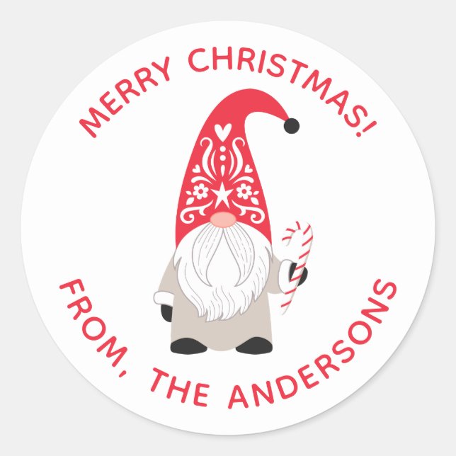 Personalized Christmas Gnome Classic Round Sticker (Front)