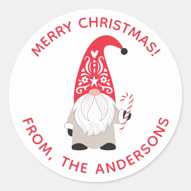 Personalized Christmas Gnome Classic Round Sticker (Front)