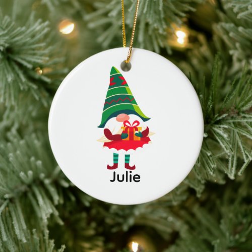 Personalized Christmas Gnome Holding a Gift Box Ceramic Ornament