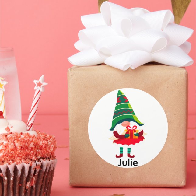 Personalized Christmas Gnome Holding a Gift Box Classic Round Sticker (Party)