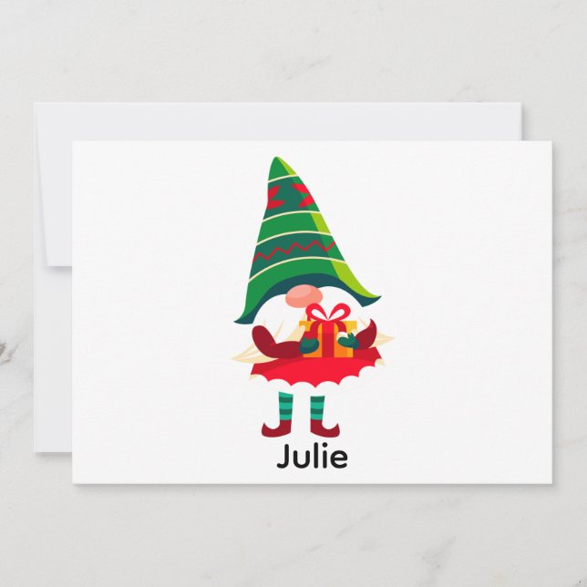 Personalized Christmas Gnome Holding a Gift Box Holiday Card (Front)
