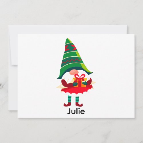 Personalized Christmas Gnome Holding a Gift Box Holiday Card