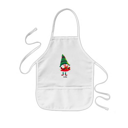 Personalized Christmas Gnome Holding a Gift Box Kids Apron