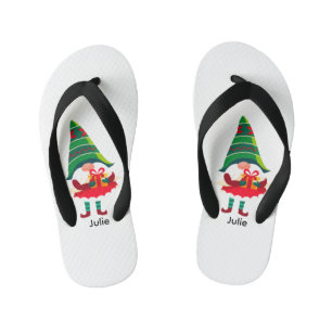 Personalized Christmas Gnome Holding a Gift Box Kid's Flip Flops