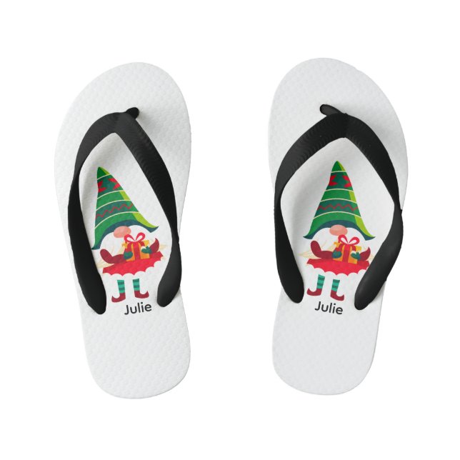 Personalized Christmas Gnome Holding a Gift Box Kid's Flip Flops (Footbed)