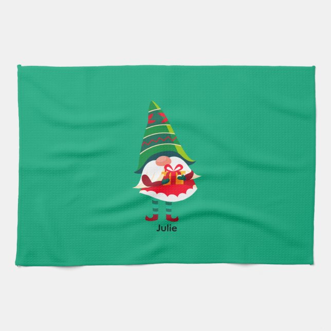 Personalized Christmas Gnome Holding a Gift Box Kitchen Towel (Horizontal)