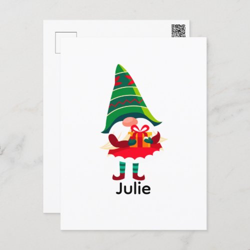 Personalized Christmas Gnome Holding a Gift Box Postcard