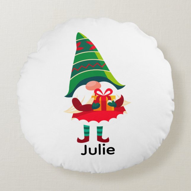 Personalized Christmas Gnome Holding a Gift Box Round Pillow (Front)
