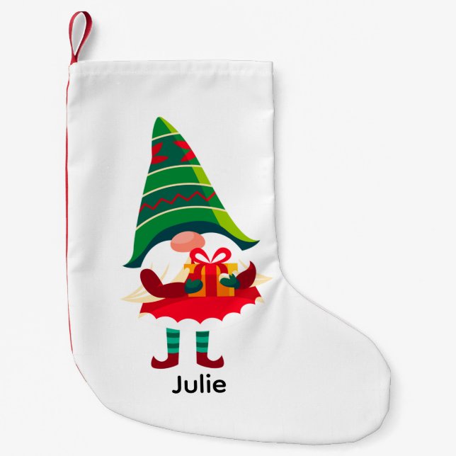 Personalized Christmas Gnome Holding a Gift Box Small Christmas Stocking (Front)