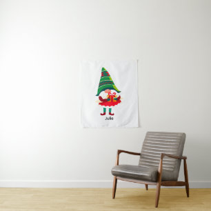 Personalized Christmas Gnome Holding a Gift Box Tapestry