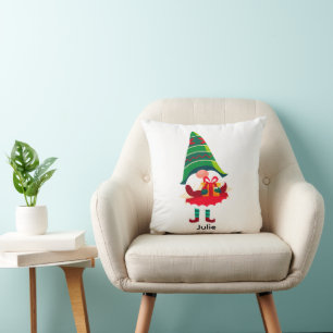 Personalized Christmas Gnome Holding a Gift Box Throw Pillow