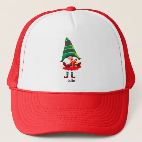 Personalized Christmas Gnome Holding a Gift Box Trucker Hat