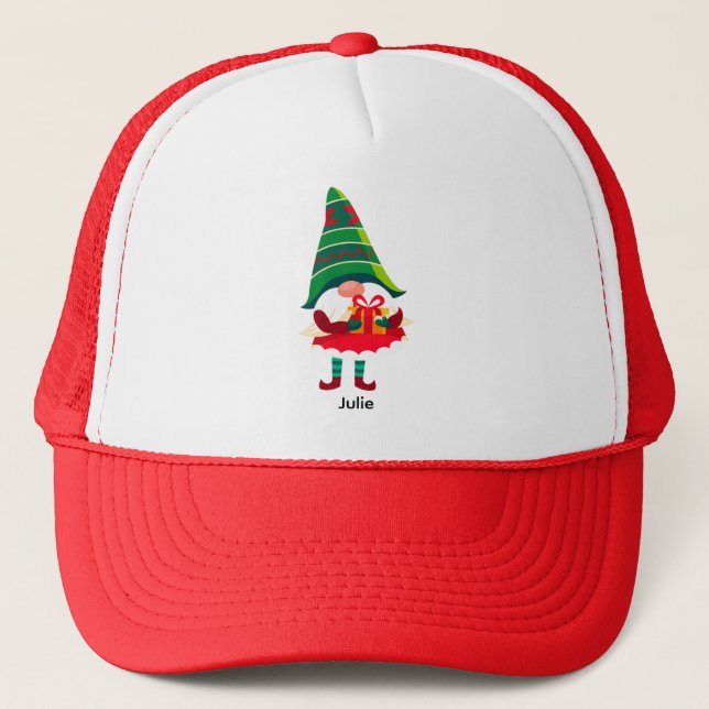 Personalized Christmas Gnome Holding a Gift Box Trucker Hat (Front)