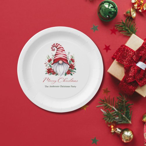 Personalized Christmas Gnome Poinsettia Holiday Paper Plates