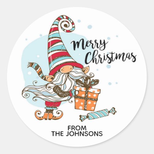Personalized Christmas Gnome With Gift Classic Round Sticker