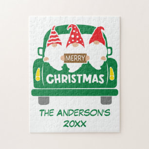 Personalized Christmas Gnomes in Truck Red Green Jigsaw Puzzle