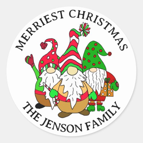 Personalized Christmas Gnomes Merriest Christmas   Classic Round Sticker
