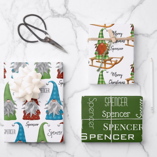 Personalized Christmas Gnomes Wrapping Paper Sheets (Front)