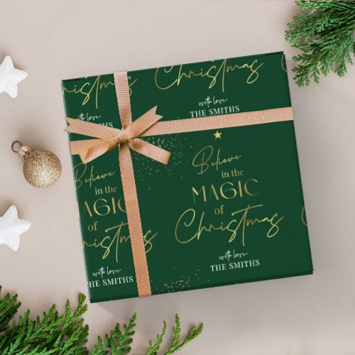 Personalized Christmas Gold Calligraphy Name Green Wrapping Paper