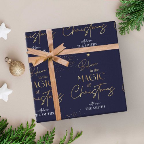 Personalized Christmas Gold Calligraphy Name Navy Wrapping Paper