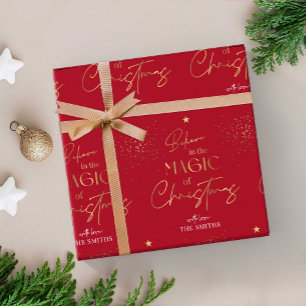 Personalized Christmas Gold Calligraphy Name Red Wrapping Paper
