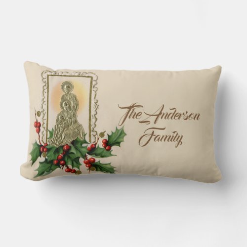 Personalized Christmas Gold Nativity Vintage Holly Lumbar Pillow