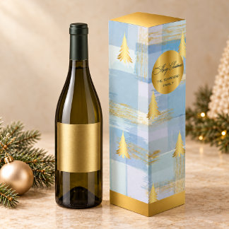Personalized Christmas Gold Pine & Pastel Plaid Wine Box