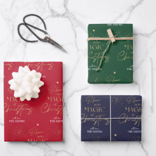 Personalized Christmas Gold Script Red Green Blue Wrapping Paper Sheets
