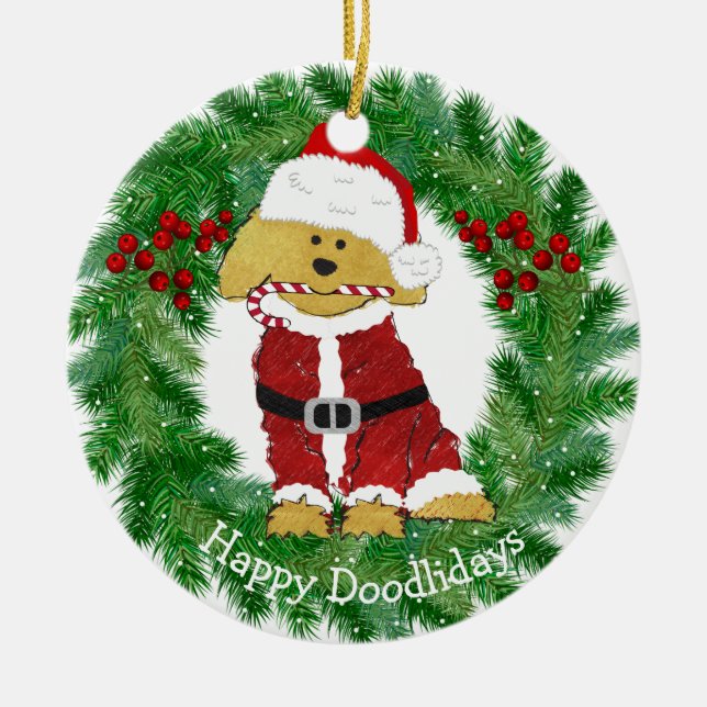 Personalized Christmas Goldendoodle Santa Claus Ceramic Ornament (Front)