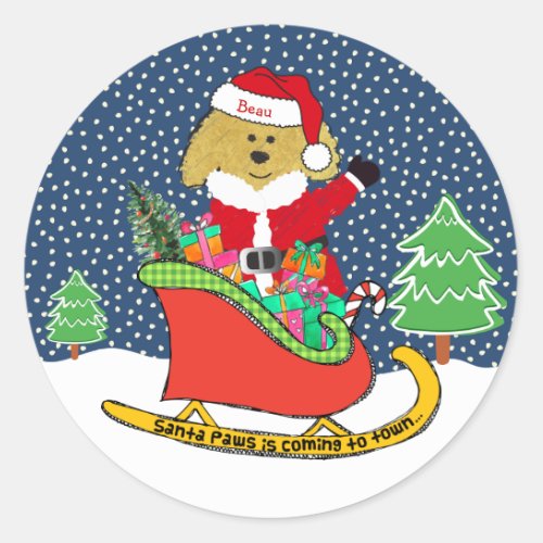 Personalized Christmas GoldenDoodle Santa Sleigh Classic Round Sticker