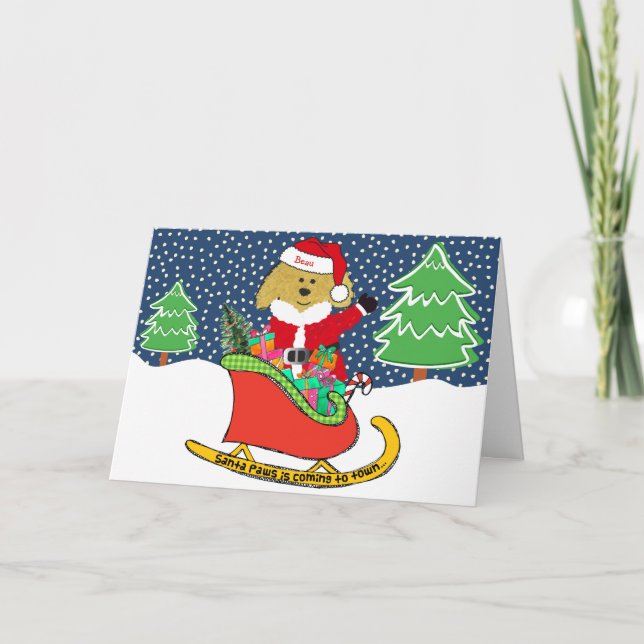 Personalized Christmas GoldenDoodle Santa Sleigh Holiday Card (Front)