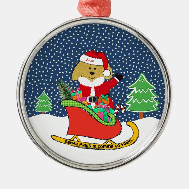 Personalized Christmas GoldenDoodle Santa Sleigh Metal Ornament (Front)