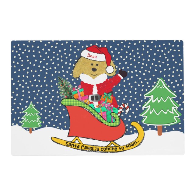 Personalized Christmas GoldenDoodle Santa Sleigh Placemat (Front)