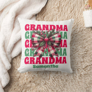 Personalized Christmas Grandma Coquette Bow Throw Pillow