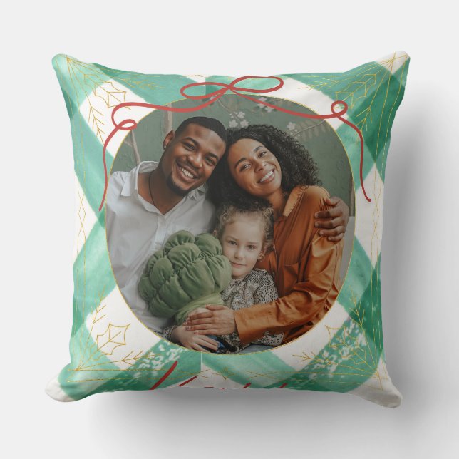 Personalized christmas green gingham  throw pillow (Front)
