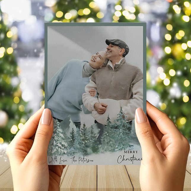 Personalized Christmas Green Pine Forest Photo Holiday Card (Creator Uploaded)