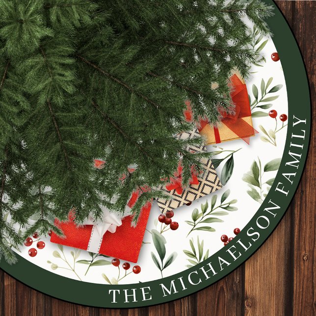Personalized Christmas Greenery & Red Berries Brushed Polyester Tree Skirt (Personalized Christmas Greenery & Red Berries Brushed Polyester Tree Skirt)