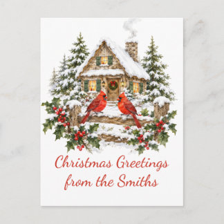 Personalized Christmas Greetings Cardinal Cabin Postcard