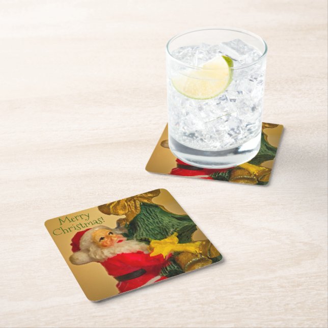 Personalized Christmas Greetings from Santa Claus Square Paper Coaster (Insitu)