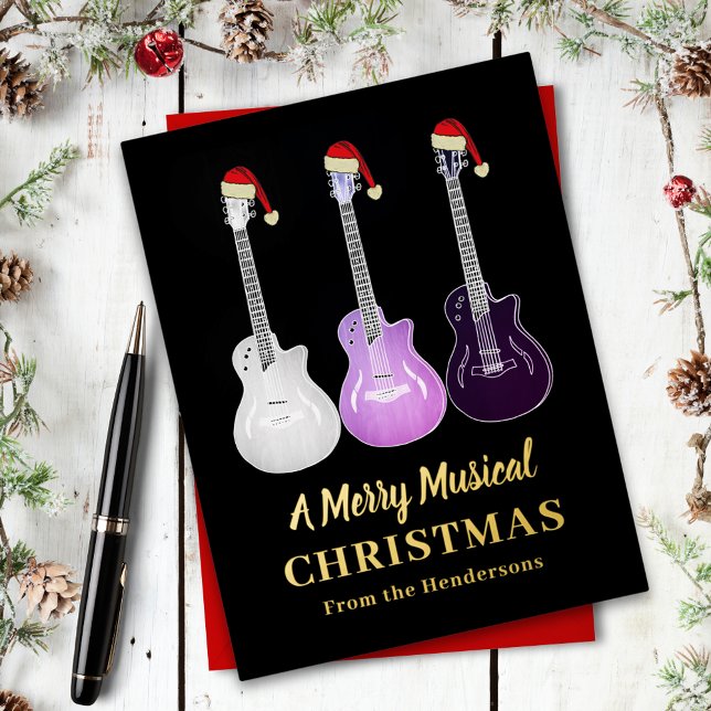 Personalized Christmas Guitar Black & Gold Foil Holiday Postcard (Personalized merry music christmas guitars wearing Santa hats pink, black and gold foil holiday card)