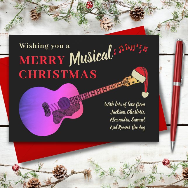Personalized Christmas Guitar Holiday Card (Christmas pink acoustic guitar wearing a Santa hat black and gold custom holiday greetings card)