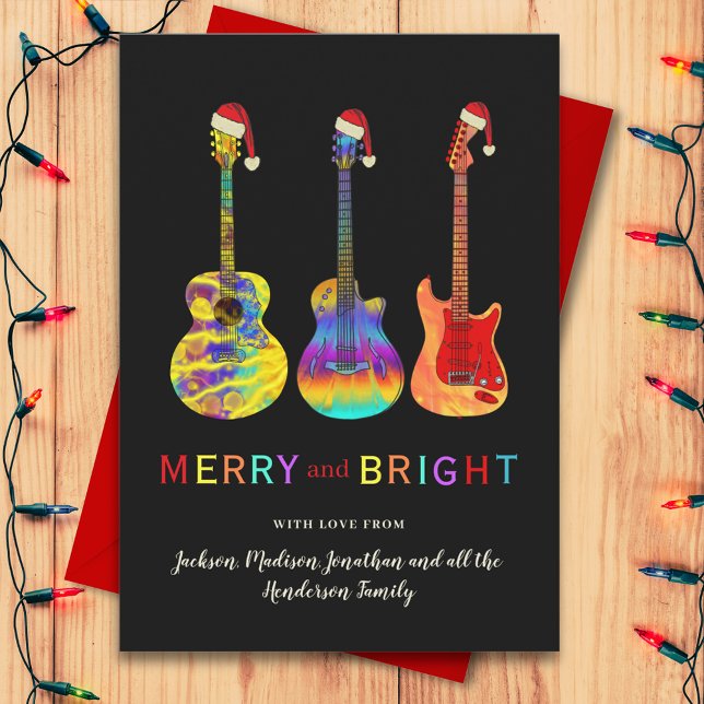 Personalized Christmas Guitar Merry and Bright  Holiday Card (Rock and roll Christmas guitars wearing Santa hats merry and bright budget holiday greetings card)
