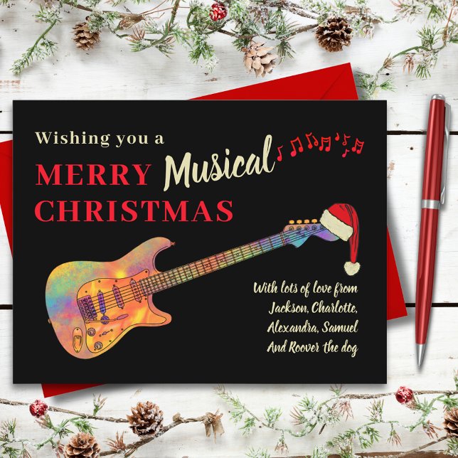 Personalized Christmas Guitar Retro Groovy Holiday Postcard (Rock and roll Christmas funky guitar wearing a Santa hat custom holiday greetings card guitarist )
